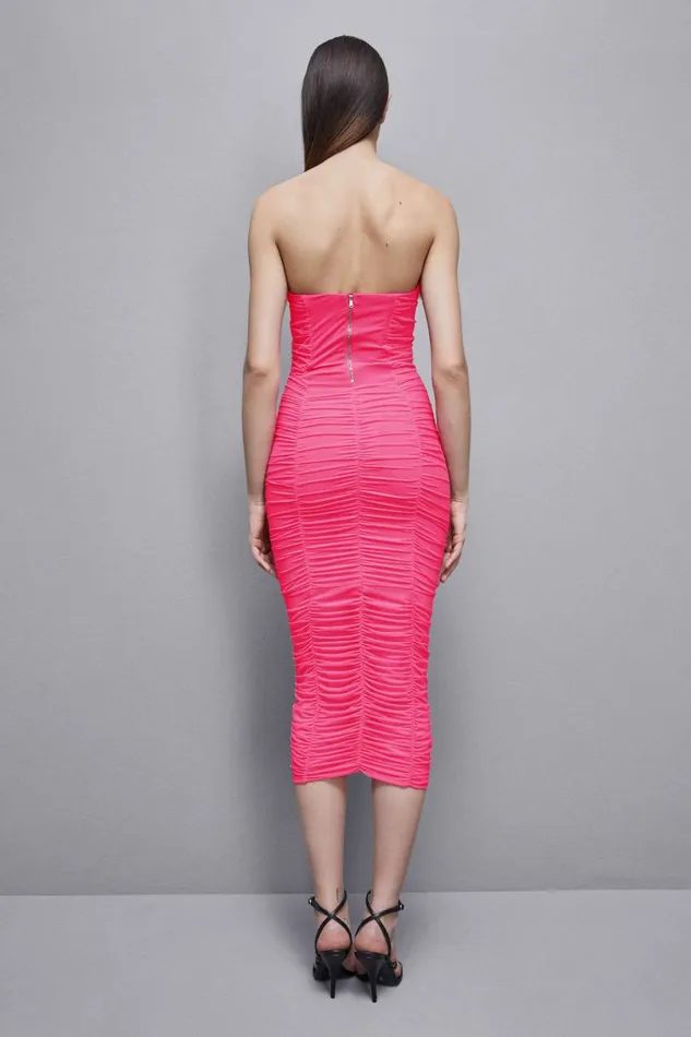 Patrizia Pepe Tulle And Jersey Midi Dress With Feathers Pink Poison Orchid Apparel Midi