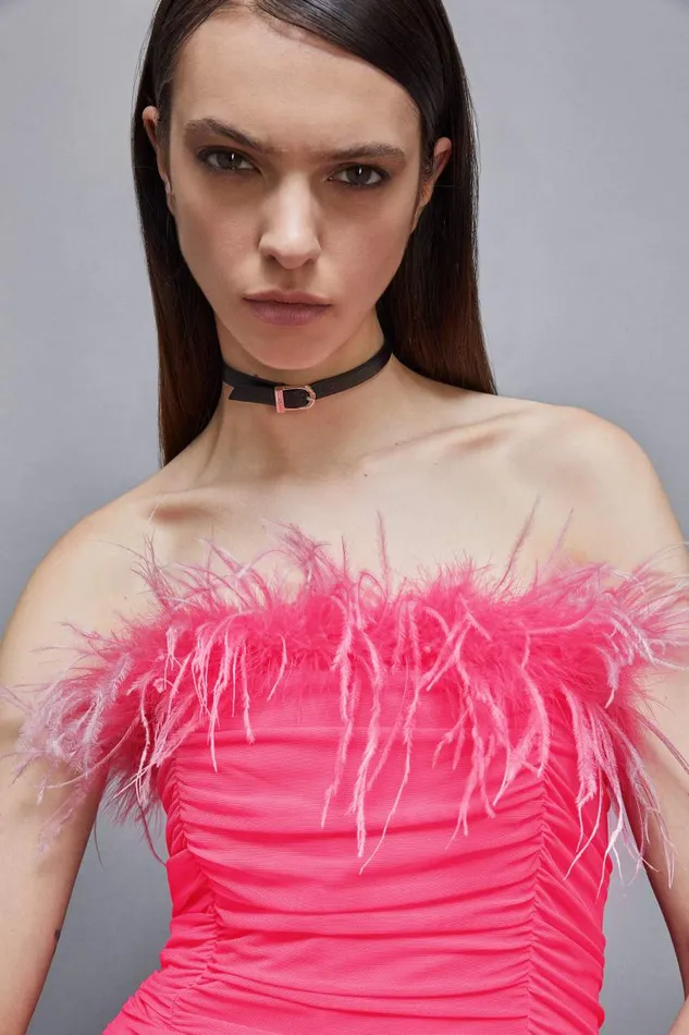 Patrizia Pepe Tulle And Jersey Midi Dress With Feathers Pink Poison Orchid Apparel Midi