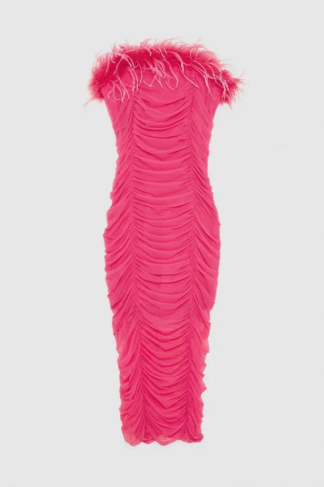 Patrizia Pepe Tulle And Jersey Midi Dress With Feathers Pink Poison Orchid Apparel Midi