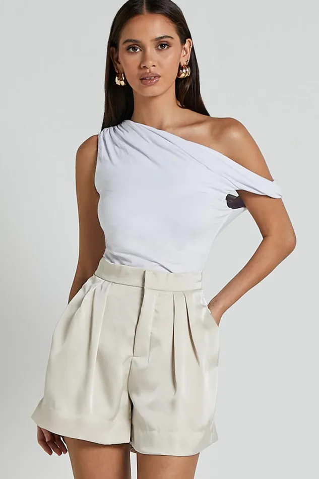 Percy Shorts 8211 High Waist Pleated Satin Shorts In Oyster Women Showpo Shorts