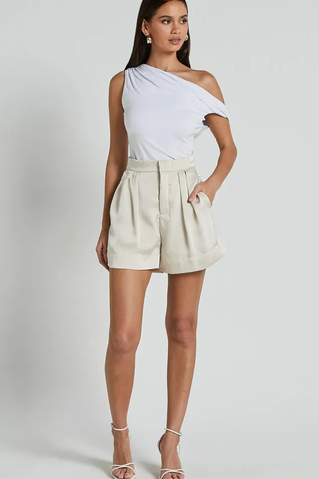 Percy Shorts 8211 High Waist Pleated Satin Shorts In Oyster Women Showpo Shorts