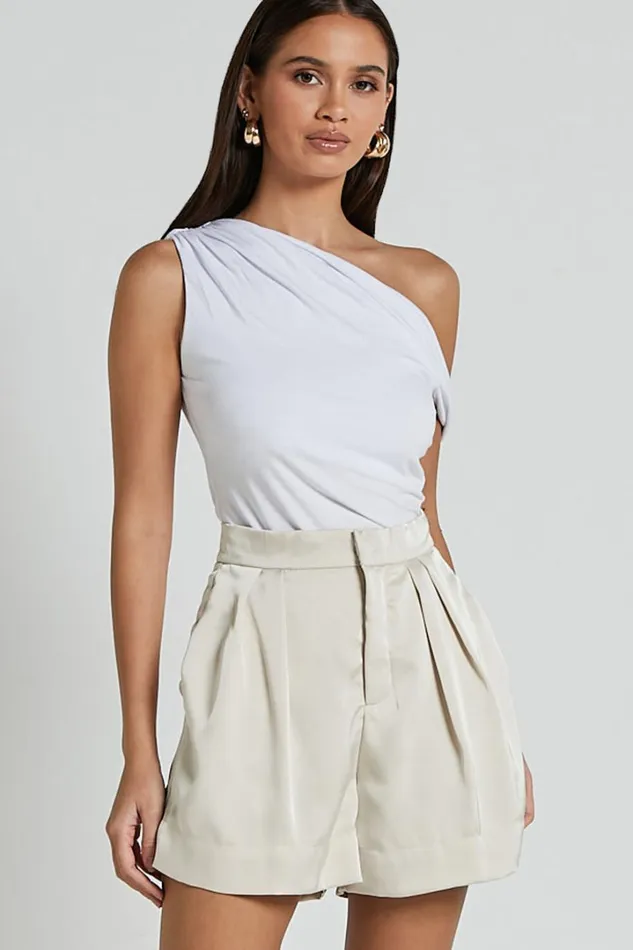 Percy Shorts 8211 High Waist Pleated Satin Shorts In Oyster Women Showpo Shorts