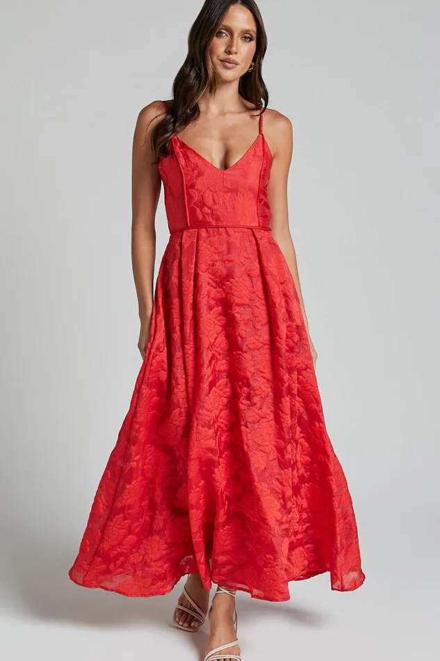 Philine Midi Dress 8211 Jacquard Plunge Fit And Flare Dress In RED Women Showpo Dresses