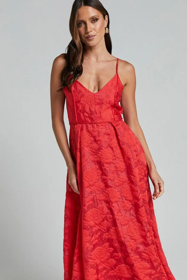 Philine Midi Dress 8211 Jacquard Plunge Fit And Flare Dress In RED Women Showpo Dresses