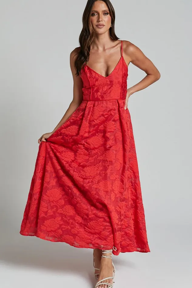 Philine Midi Dress 8211 Jacquard Plunge Fit And Flare Dress In RED Women Showpo Dresses
