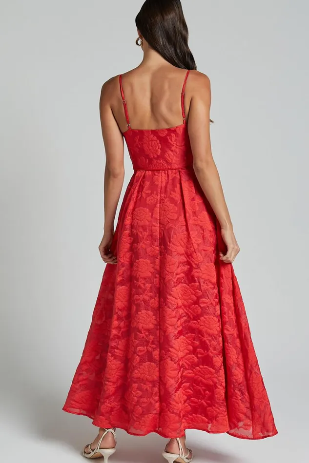 Philine Midi Dress 8211 Jacquard Plunge Fit And Flare Dress In RED Women Showpo Dresses