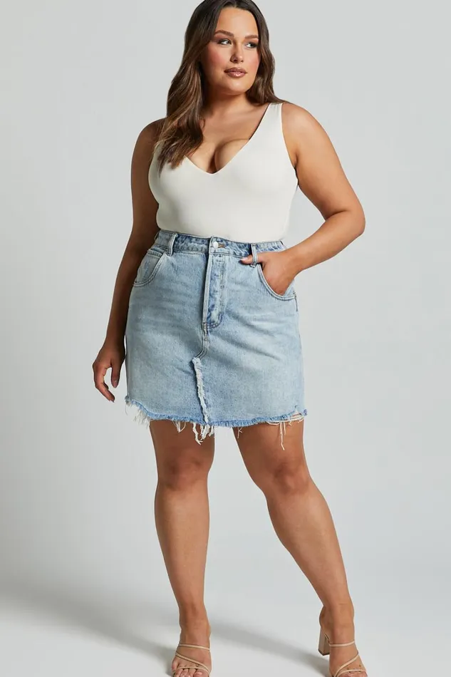 Pieta Mini Skirt 8211 Recycled Cotton Raw Hem Denim Skirt In Mid Blue Wash Women Showpo Curve Clothes