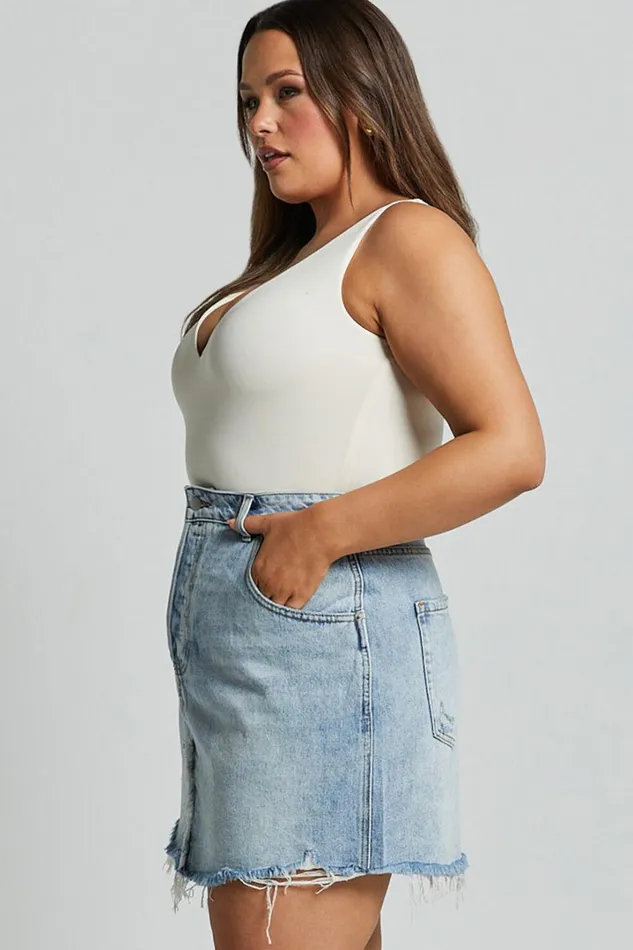 Pieta Mini Skirt 8211 Recycled Cotton Raw Hem Denim Skirt In Mid Blue Wash Women Showpo Curve Clothes
