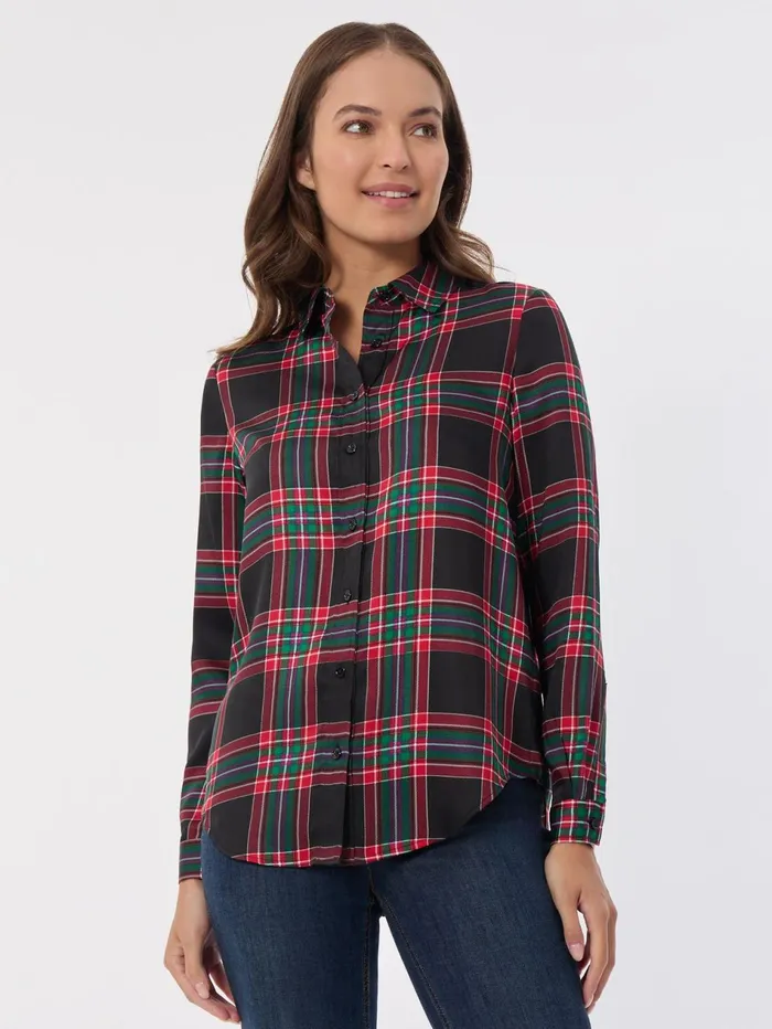 Plaid Button Front Collared Shirt Women Jones New York Tops and Blouses
