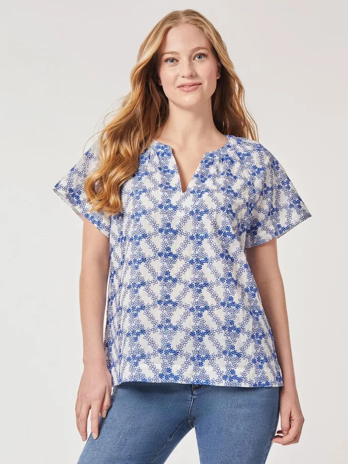 Plus Size Popover Floral Embroidery Short Sleeve Blouse Women Jones New York Plus Tops