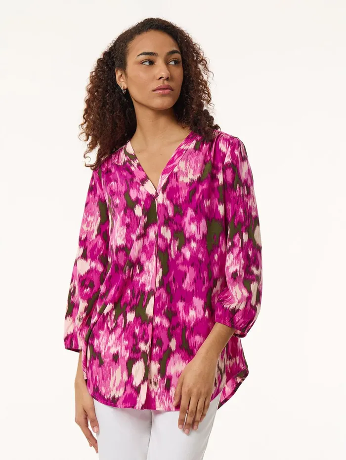 Plus Size Printed VNeck Pleated Kelly Blouse Crepe De Chine Women Jones New York Plus Tops