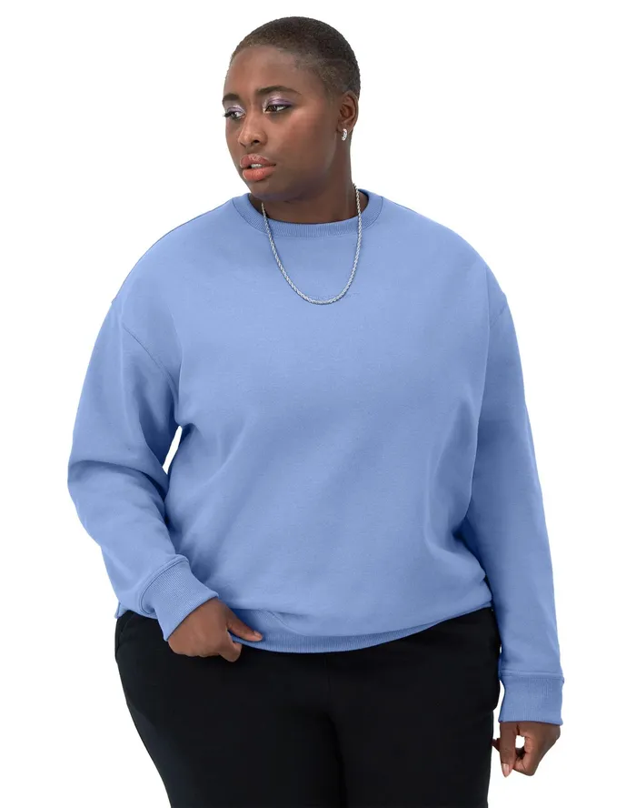 Powerblend Crewneck Sweatshirt Embroidered Script Logo Plus Size Plaster Blue Women Champion Hoodies and Sweatshirts