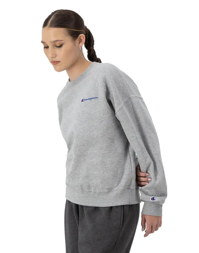 Powerblend Crewneck Sweatshirt Small Script Logo Oxford Grey Women Champion Hoodies and Sweatshirts