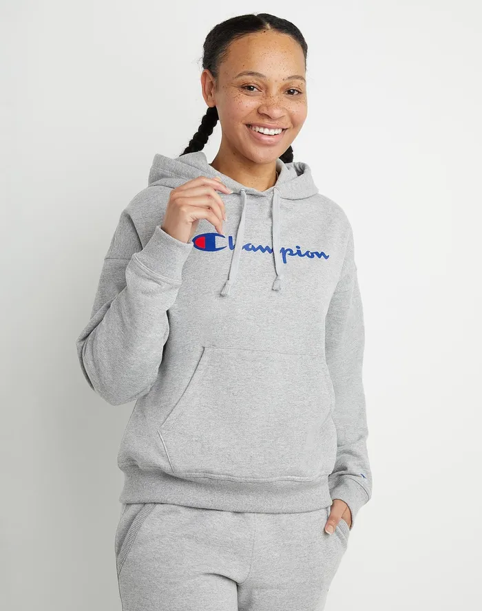 Powerblend Hoodie Script Logo Oxford Grey Women Champion Hoodies and Sweatshirts