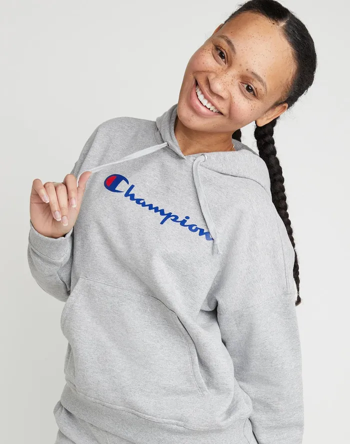 Powerblend Hoodie Script Logo Oxford Grey Women Champion Hoodies and Sweatshirts