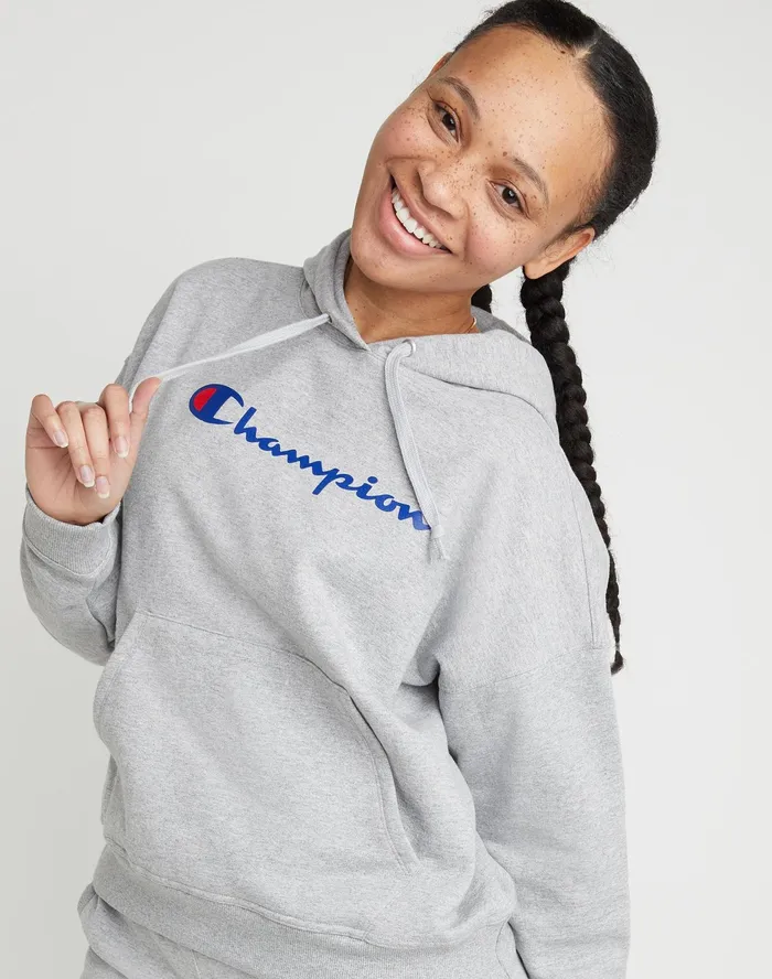 Powerblend Hoodie Script Logo Oxford Grey Women Champion Hoodies and Sweatshirts