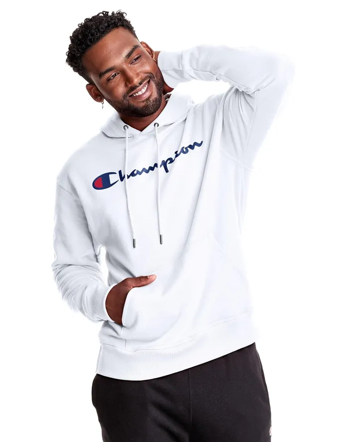Powerblend Hoodie Script Logo White Men Champion Hoodies and Sweatshirts