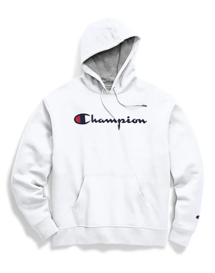 Powerblend Hoodie Script Logo White Men Champion Hoodies and Sweatshirts