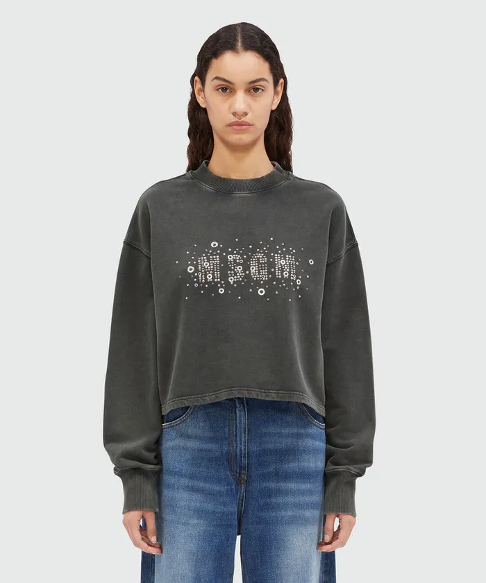 PreWashed Effect Crop Sweatshirt With Studs Women MSGM Hoodies And Sweatshirts