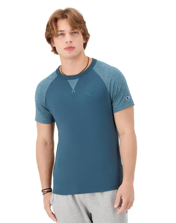 Raglan Sleeve TShirt Striped C Logo Metallic Tealmetallic Teal Heather Men Champion TShirts and Tops Raglan Sleeve TShirt Striped C Logo Metallic Tealmetallic Teal Heather Men Champion TShirts and Tops