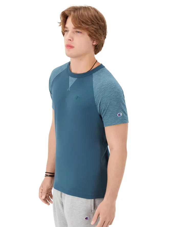 Raglan Sleeve TShirt Striped C Logo Metallic Tealmetallic Teal Heather Men Champion TShirts and Tops
