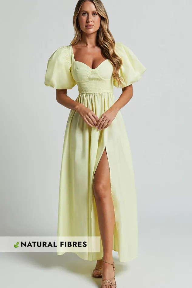 Raiza Midi Dress 8211 Shirred Waist Puff Sleeve Dress In Lemon Women Showpo Conscious