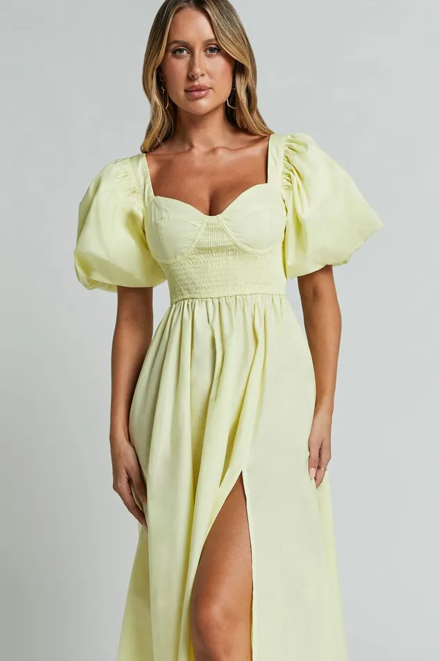 Raiza Midi Dress 8211 Shirred Waist Puff Sleeve Dress In Lemon Women Showpo Conscious