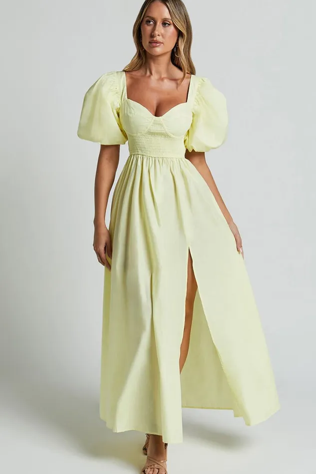 Raiza Midi Dress 8211 Shirred Waist Puff Sleeve Dress In Lemon Women Showpo Conscious