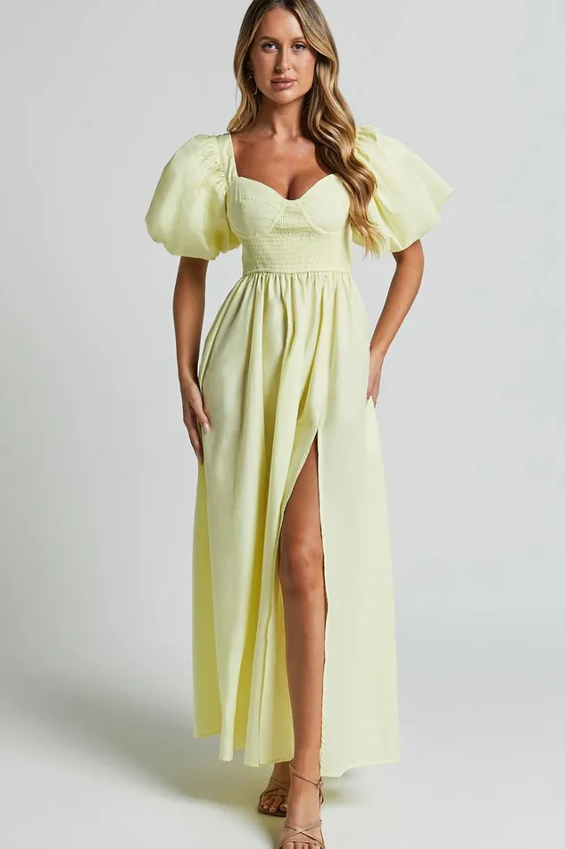 Raiza Midi Dress 8211 Shirred Waist Puff Sleeve Dress In Lemon Women Showpo Conscious