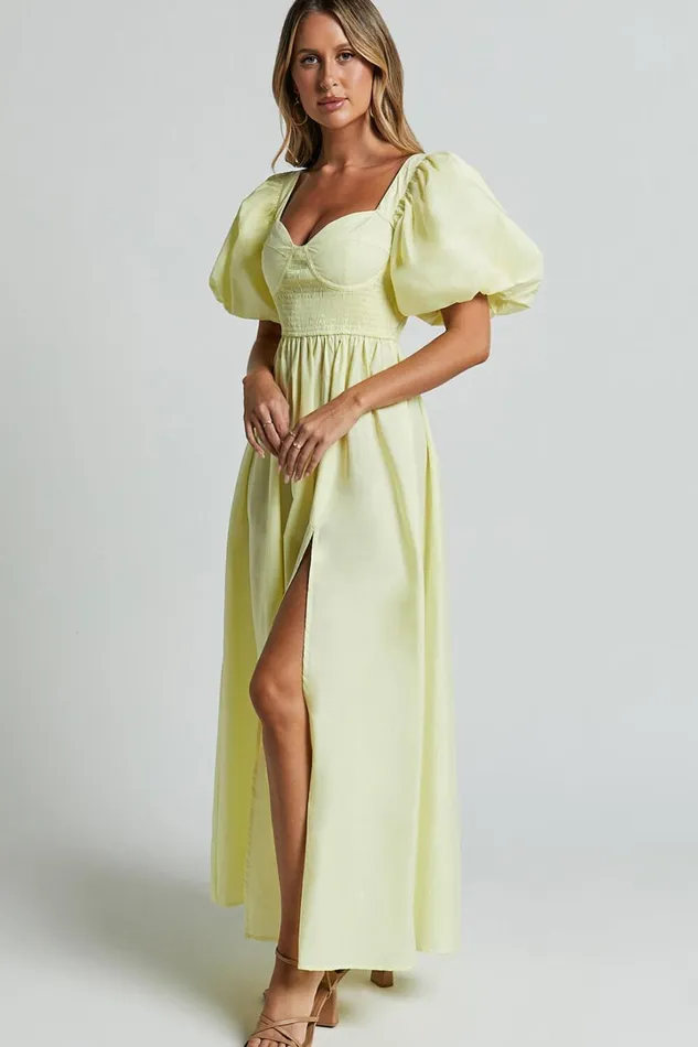 Raiza Midi Dress 8211 Shirred Waist Puff Sleeve Dress In Lemon Women Showpo Conscious