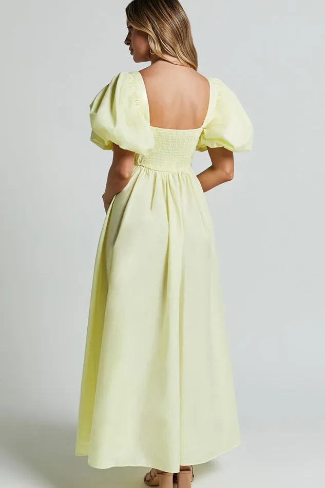 Raiza Midi Dress 8211 Shirred Waist Puff Sleeve Dress In Lemon Women Showpo Conscious