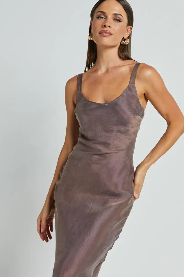 Ramirez Midi Dress 8211 Wide Strap Cupro Bias Cut Dress In Chocolate Women Showpo Dresses