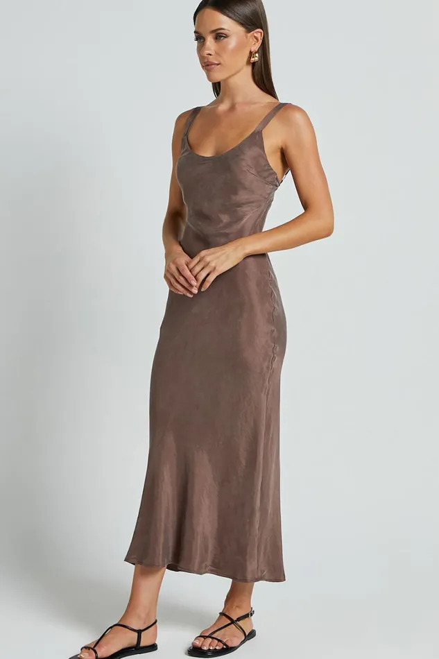 Ramirez Midi Dress 8211 Wide Strap Cupro Bias Cut Dress In Chocolate Women Showpo Dresses