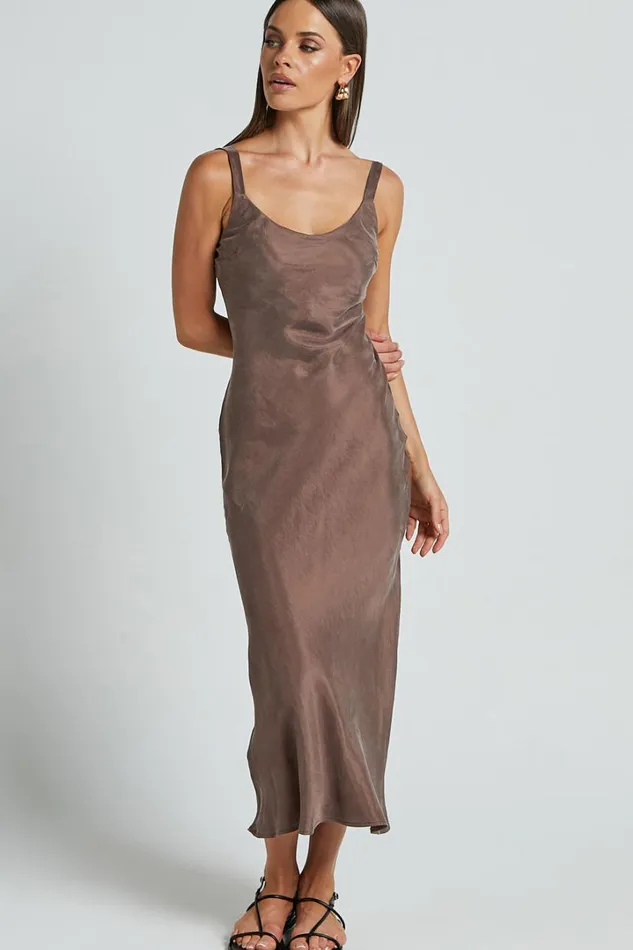 Ramirez Midi Dress 8211 Wide Strap Cupro Bias Cut Dress In Chocolate Women Showpo Dresses