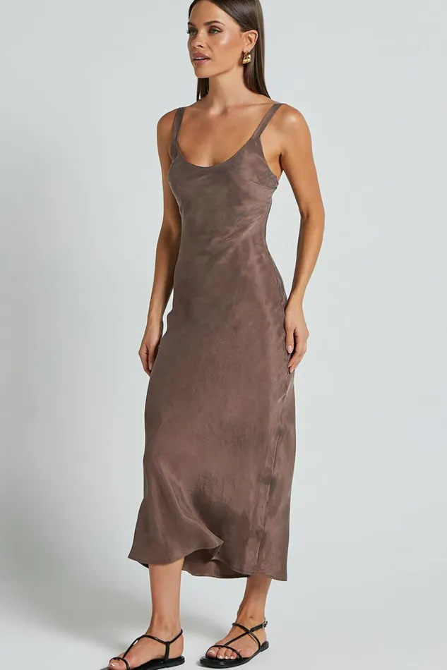 Ramirez Midi Dress 8211 Wide Strap Cupro Bias Cut Dress In Chocolate Women Showpo Dresses