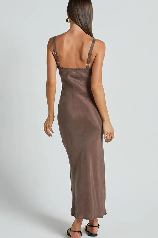 Ramirez Midi Dress 8211 Wide Strap Cupro Bias Cut Dress In Chocolate Women Showpo Dresses
