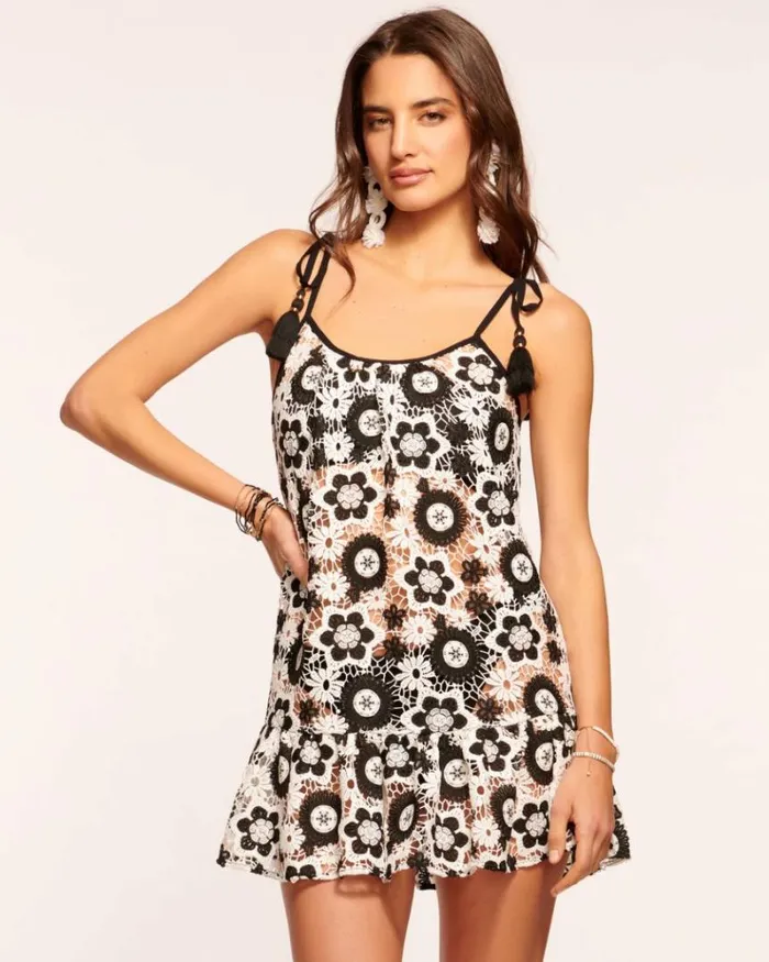 Ramy Brook Swim and Coverups Women Imani Crochet Floral Coverup Mini Dress Black Daisy