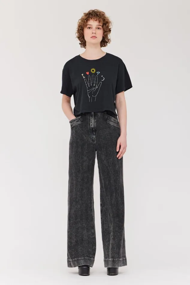 Raquel Allegra Black Cosmic Hand Claudia Top Women TShirts