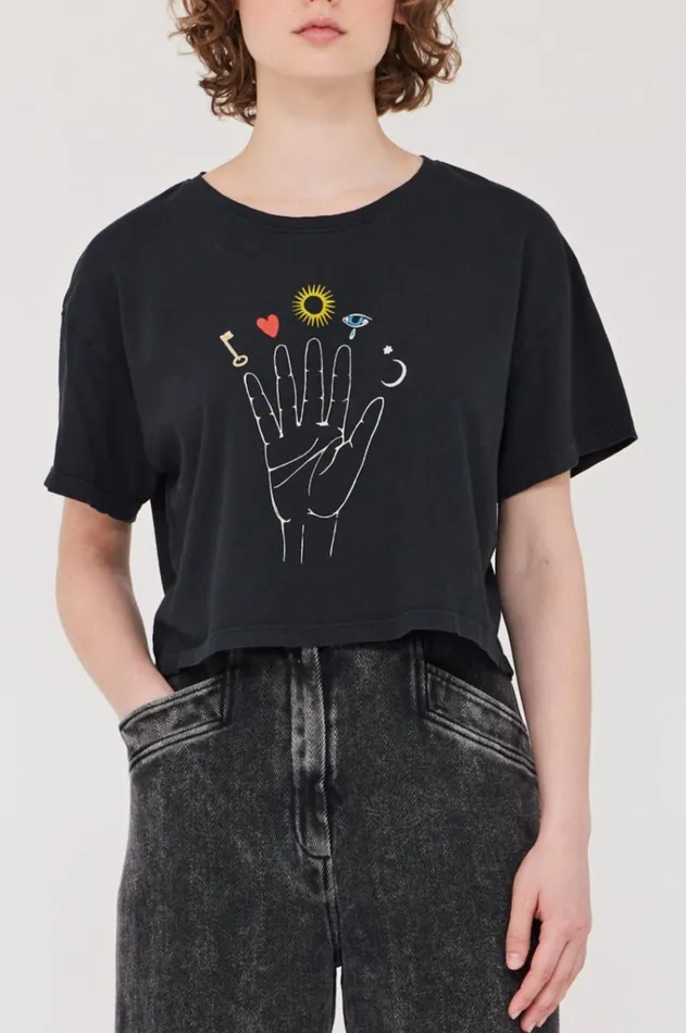 Raquel Allegra Black Cosmic Hand Claudia Top Women TShirts
