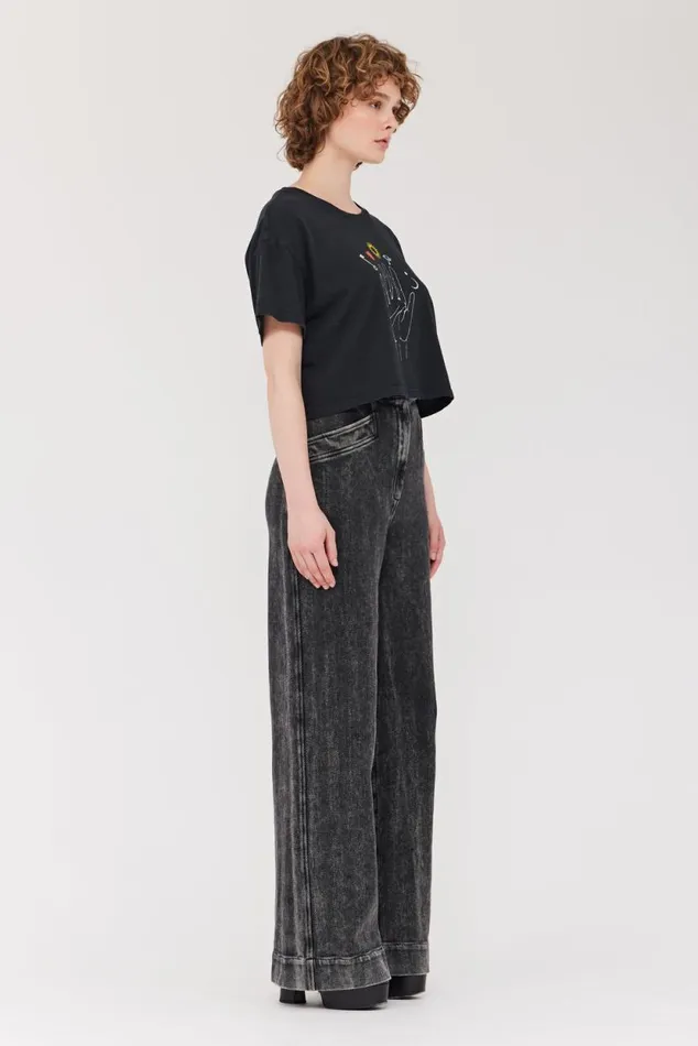 Raquel Allegra Black Cosmic Hand Claudia Top Women TShirts