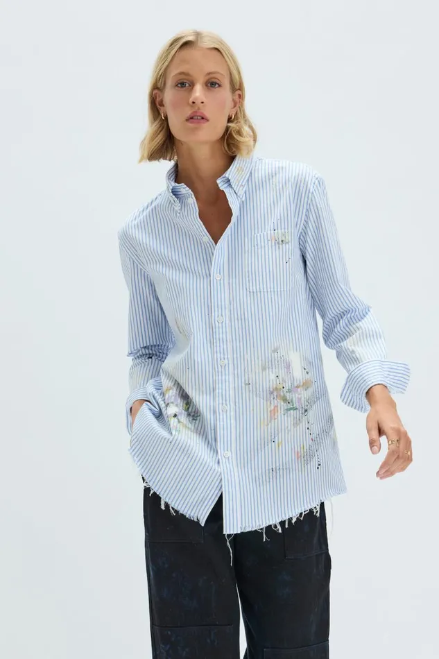 Raquel Allegra Blue Stripe Painter Shirt Women Sweaters and Knits