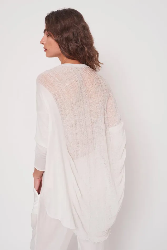 Raquel Allegra Dirty White 34 Sleeve Shredded Cocoon Top Women TShirts