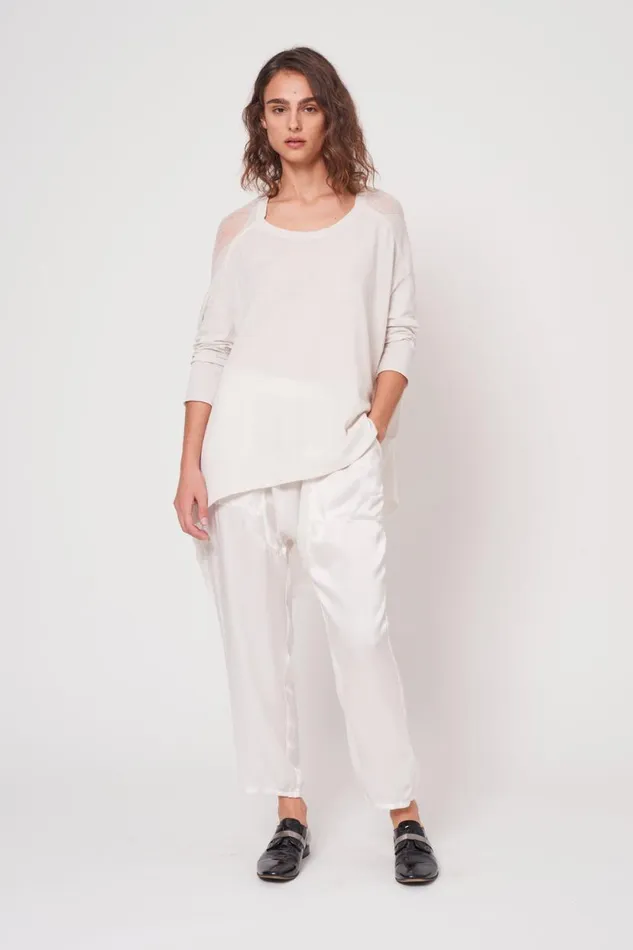 Raquel Allegra Dirty White 34 Sleeve Shredded Cocoon Top Women TShirts