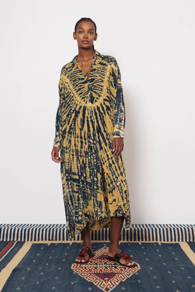 Raquel Allegra Gauze Yellow And Navy Caftan Shirt Dress Women Dresses