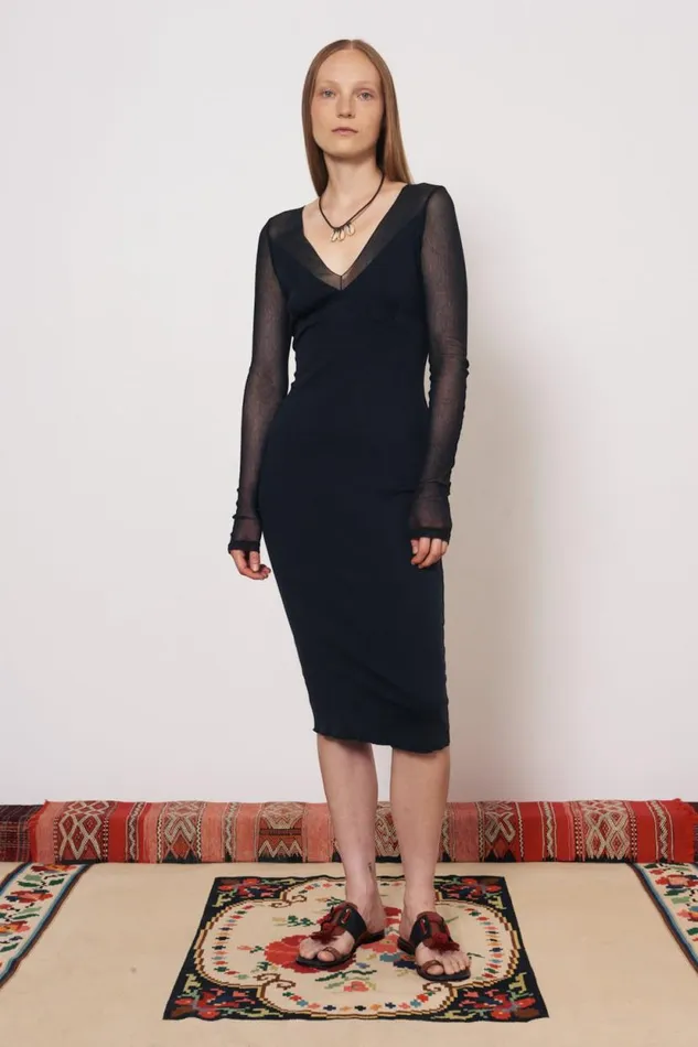 Raquel Allegra Mesh Black Long Sleeve Poppy Midi Dress Women Dresses