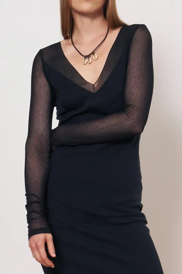 Raquel Allegra Mesh Black Long Sleeve Poppy Midi Dress Women Dresses
