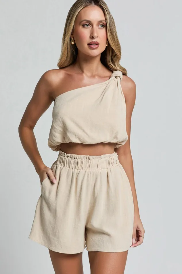 Raylene Two Piece Set 8211 Linen Look Knotted One Shoulder Top And Paper Bag Waist Shorts In Natural Women Showpo Curve Clothes