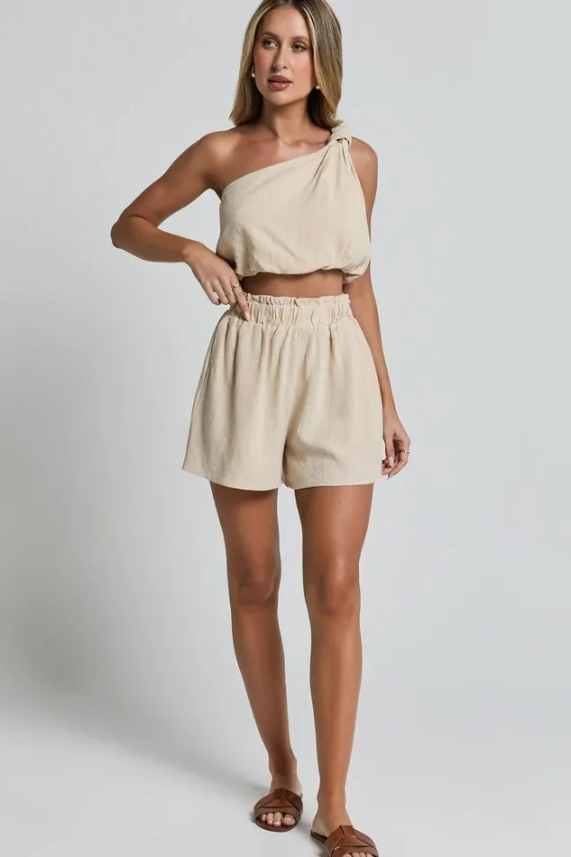 Raylene Two Piece Set 8211 Linen Look Knotted One Shoulder Top And Paper Bag Waist Shorts In Natural Women Showpo Curve Clothes