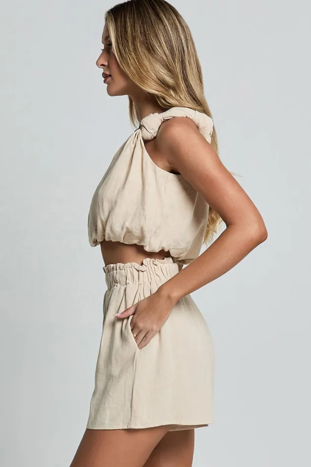 Raylene Two Piece Set 8211 Linen Look Knotted One Shoulder Top And Paper Bag Waist Shorts In Natural Women Showpo Curve Clothes