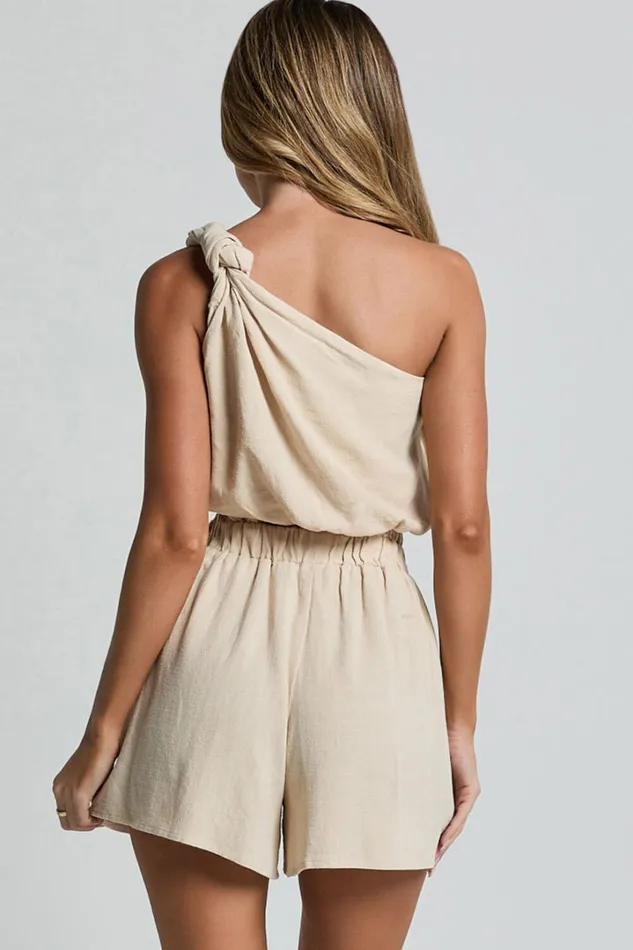 Raylene Two Piece Set 8211 Linen Look Knotted One Shoulder Top And Paper Bag Waist Shorts In Natural Women Showpo Curve Clothes